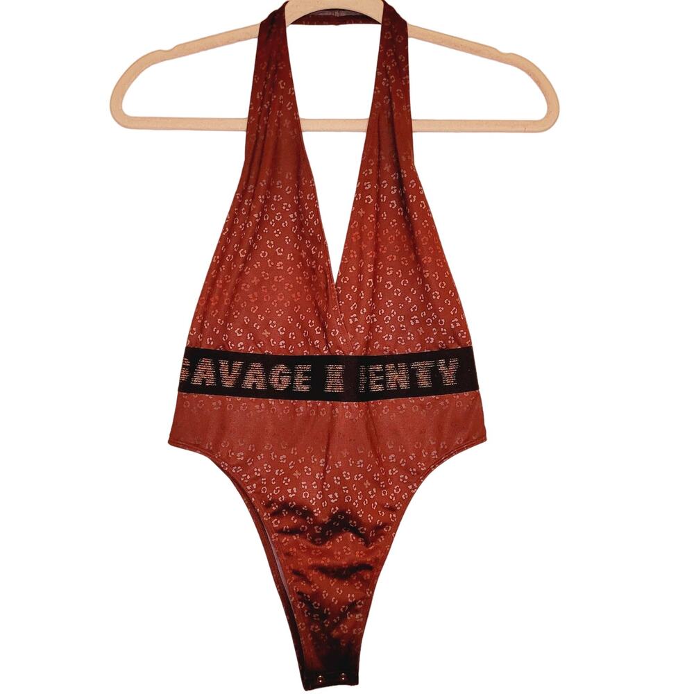 New Savage X Fenty maroon animal print halter bodysuit Size Small Retro Y2K
